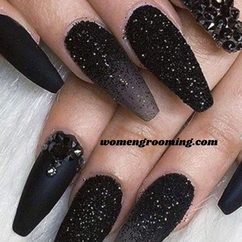 Black Nails with Crystal Cuticles