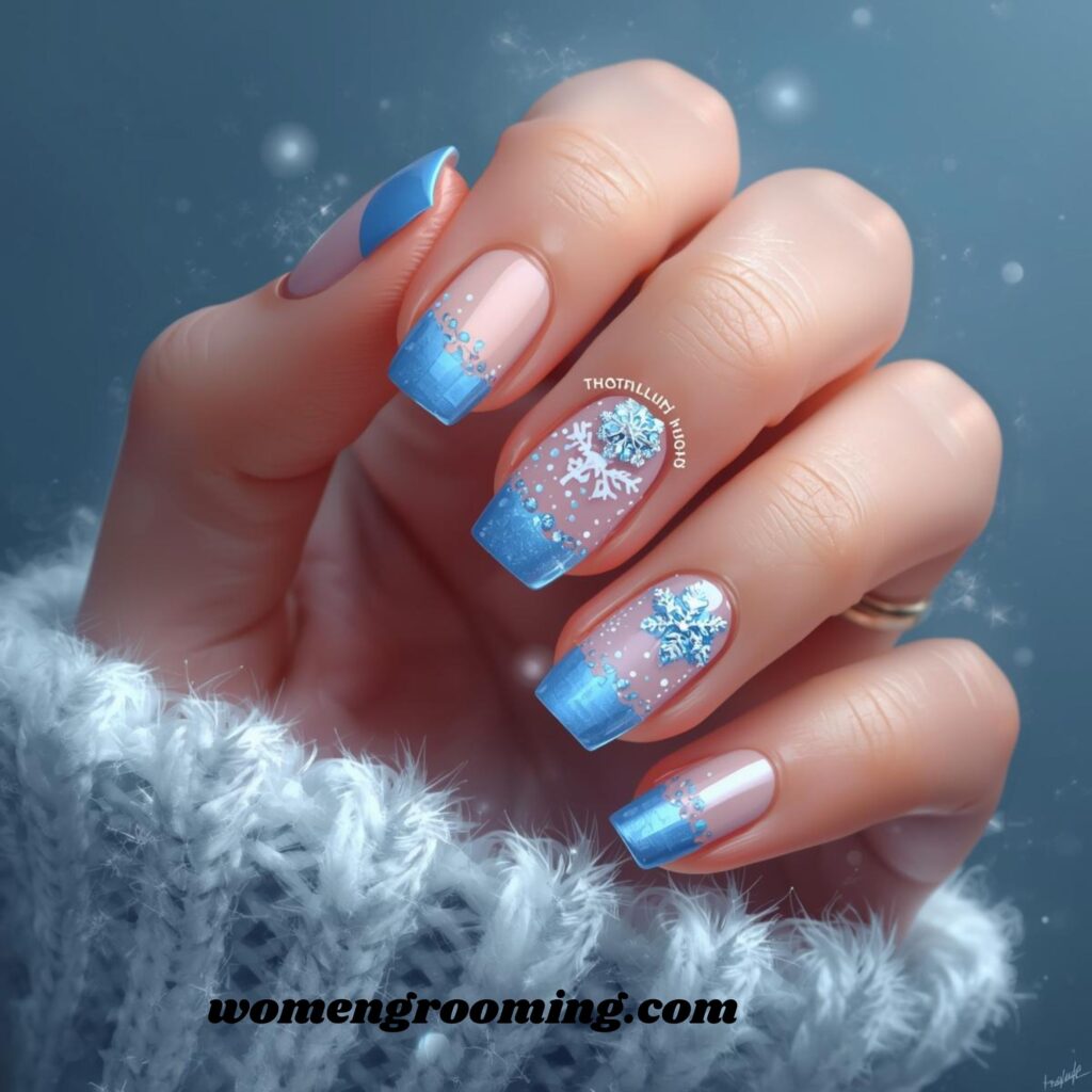 _Blue French Tip Winter Nails