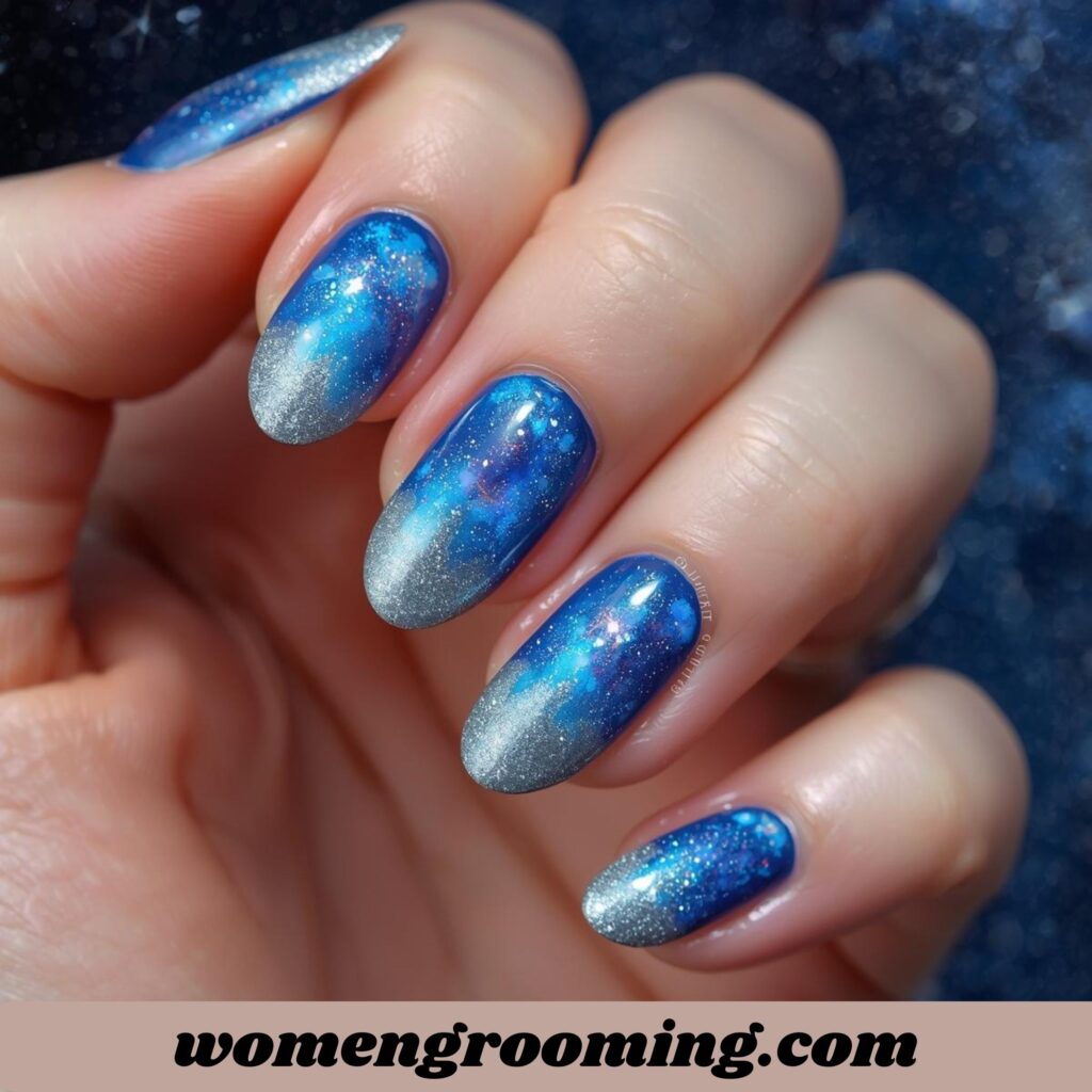 Silver & Blue Shimmer Nails