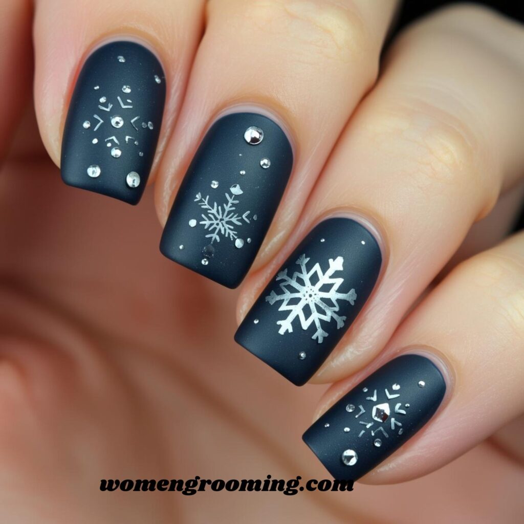 15. Dark Blue Matte Snowflake Nails