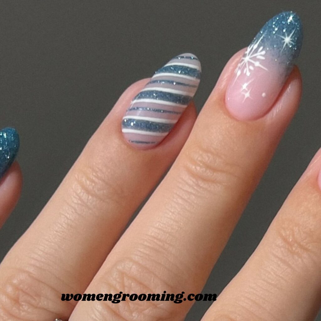 18. Pearl Blue Snowflake Nails