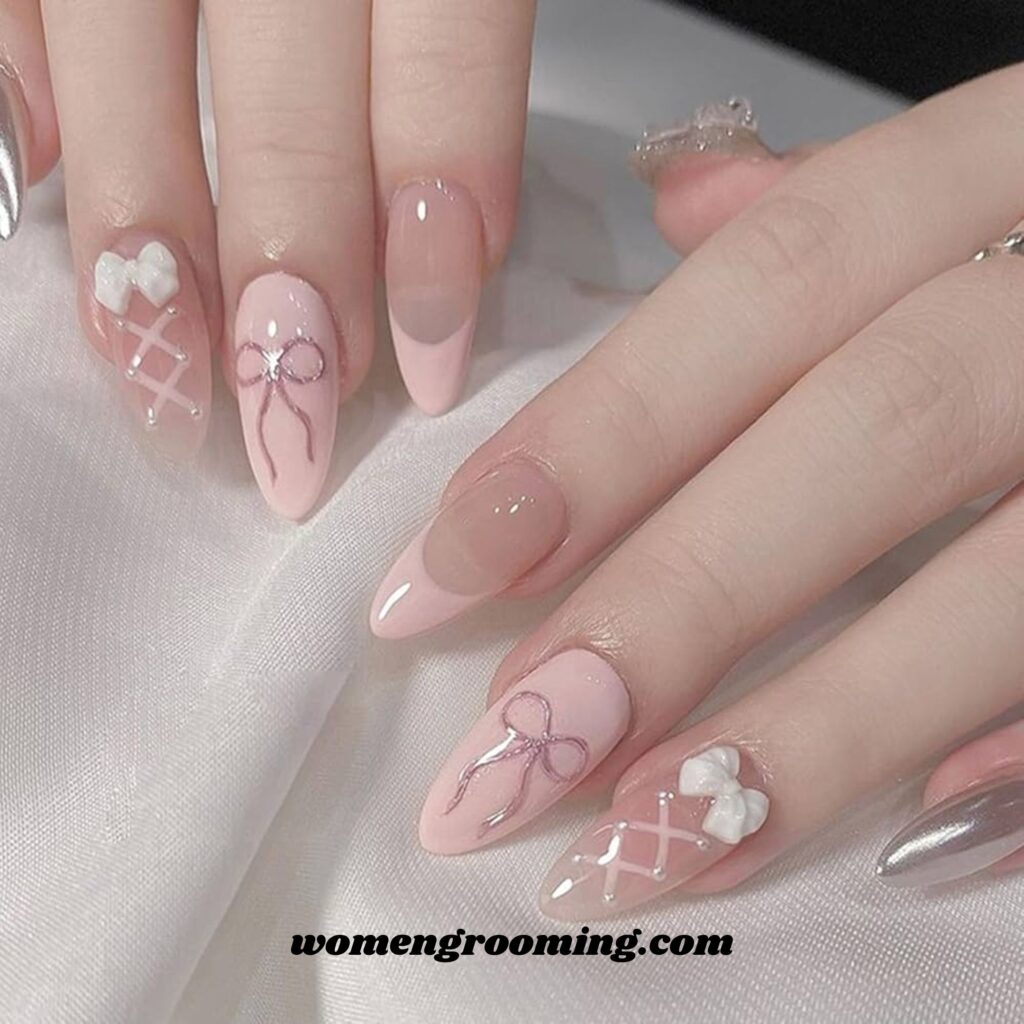Baby Pink Bow Nails