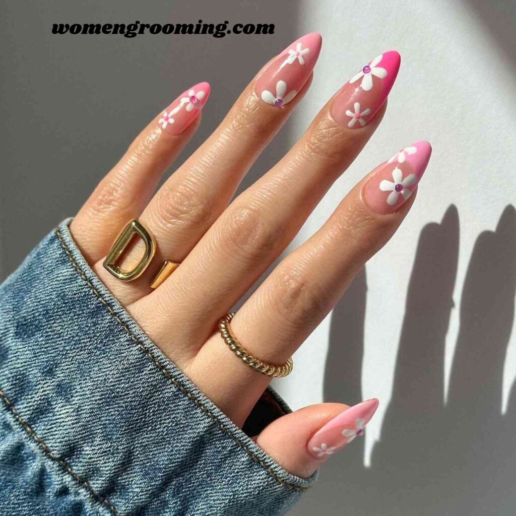 Baby Pink Daisy Nails