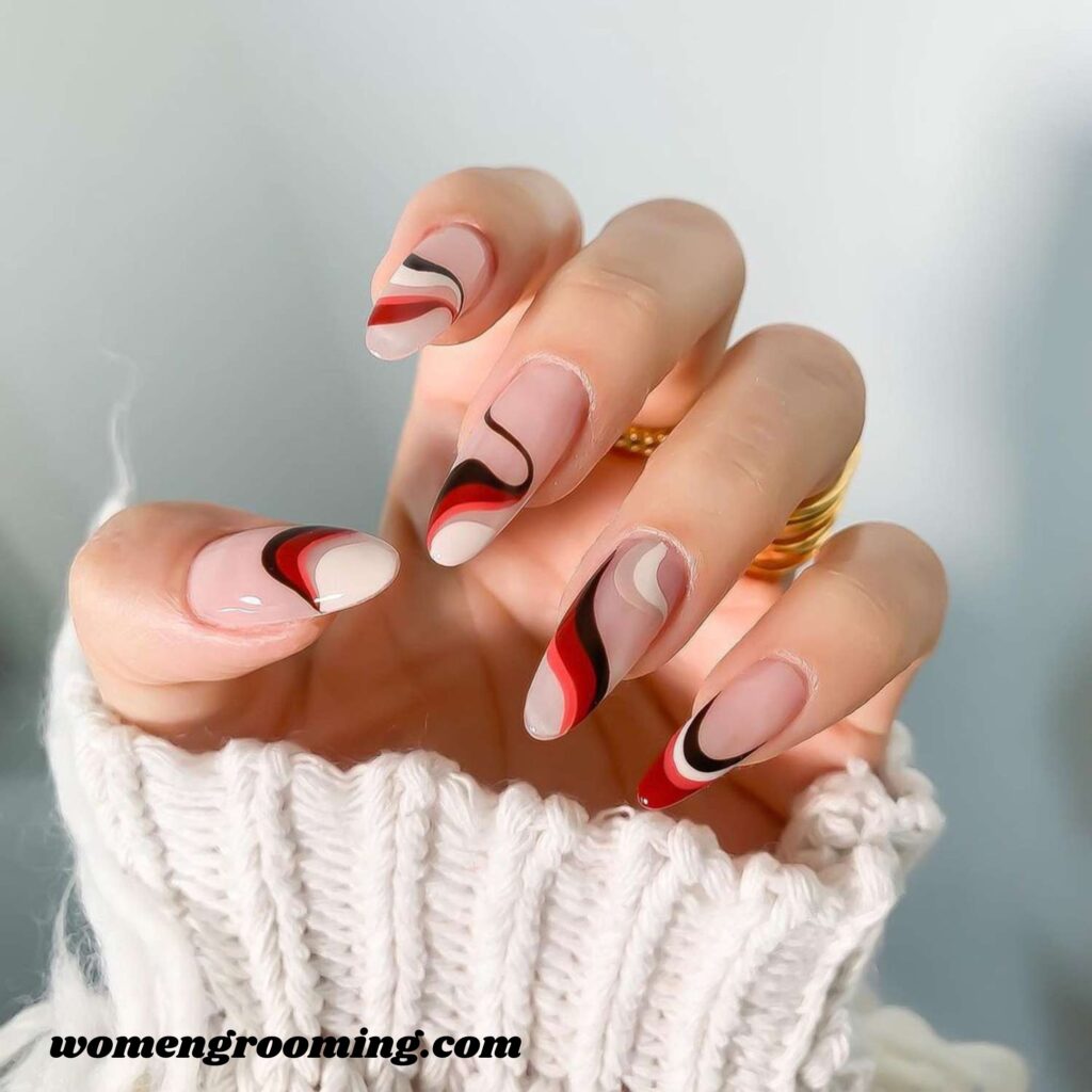 _Black Swirl Nails with Red Lines