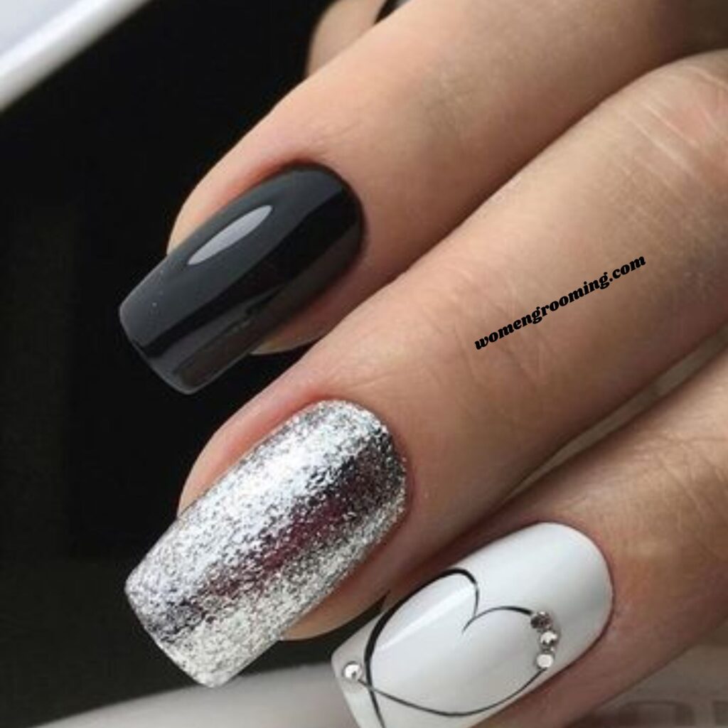 Black and Silver Valentine Nails