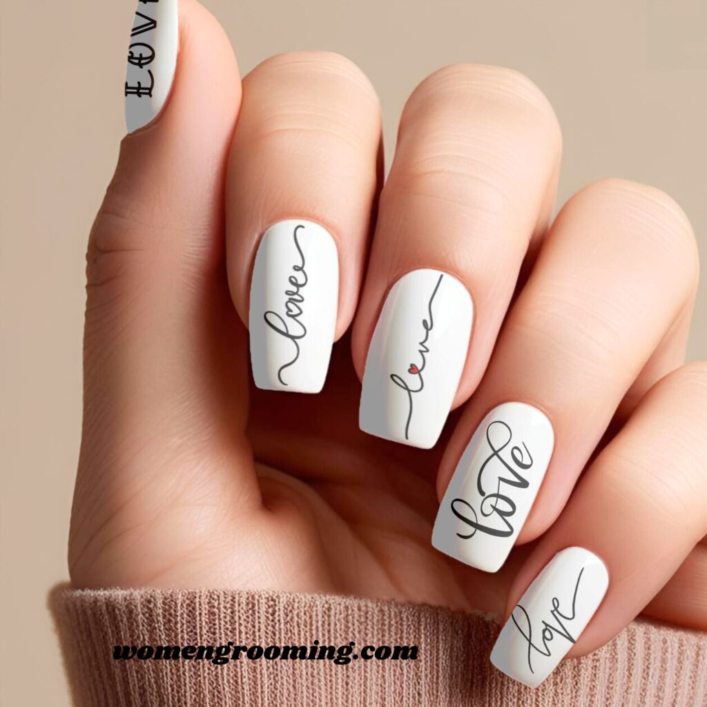 Black and White Love Script Nails