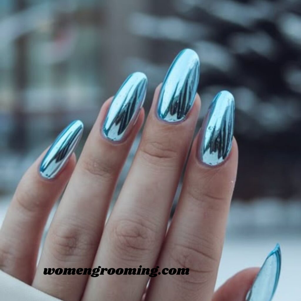 Blue Chrome Frost Nails