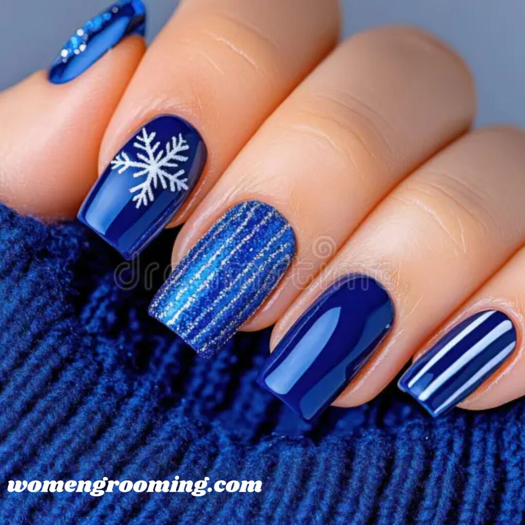 Blue Snowflake Accent Nails