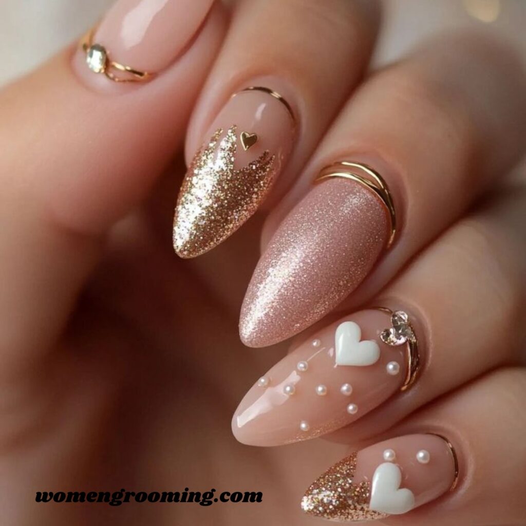 Champagne Glitter Heart Nails