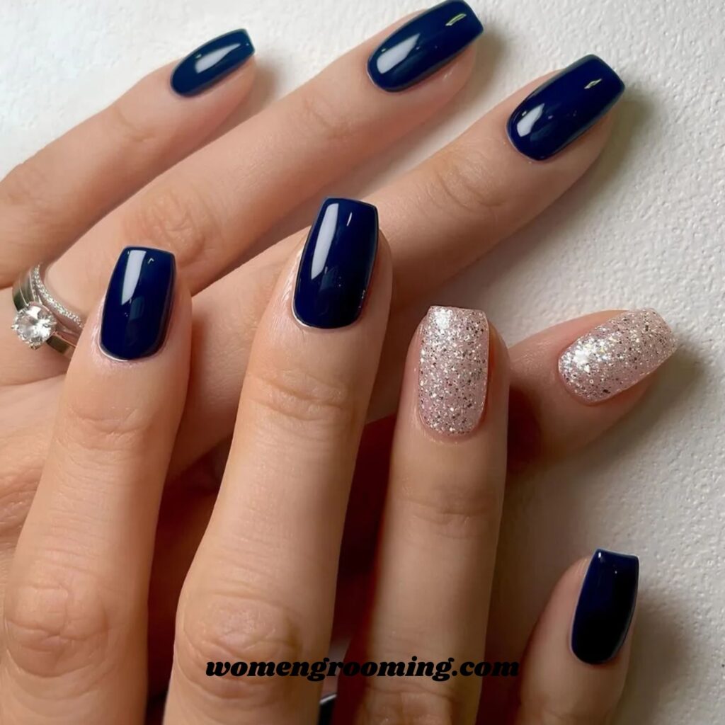 Dark Blue and Silver Nails