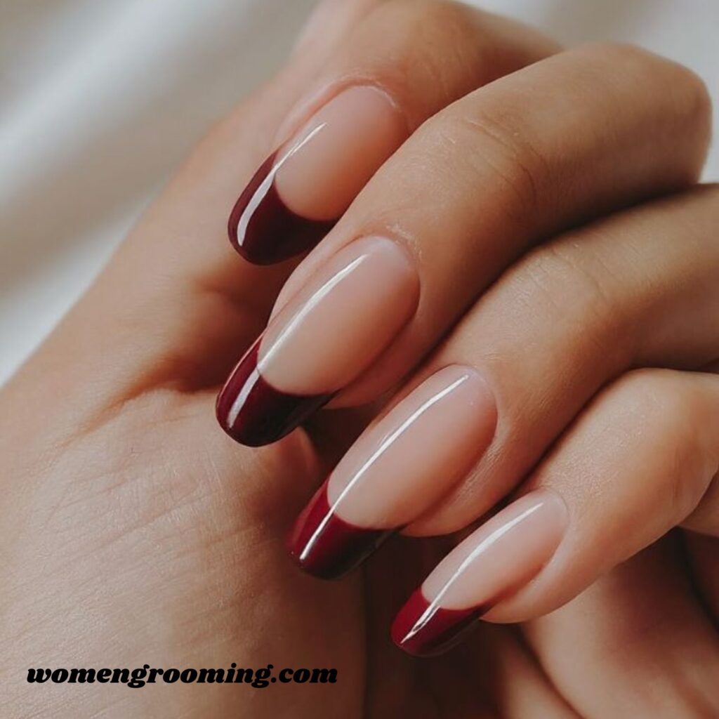 Dark Red French Tips on Nude Base