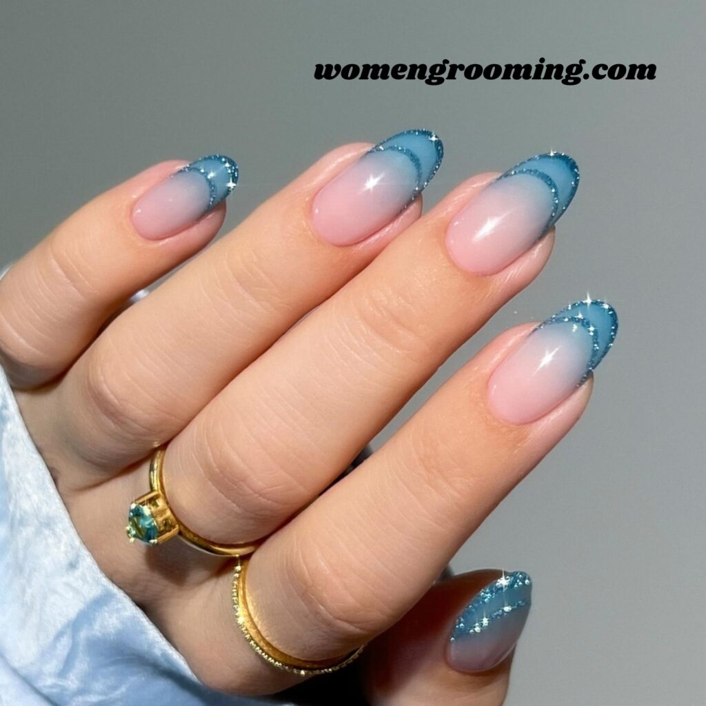 Double French Ice Blue Nails
