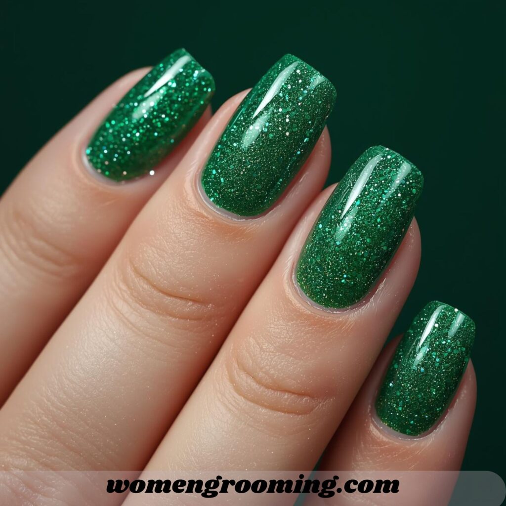 Emerald Green Glitter Nails