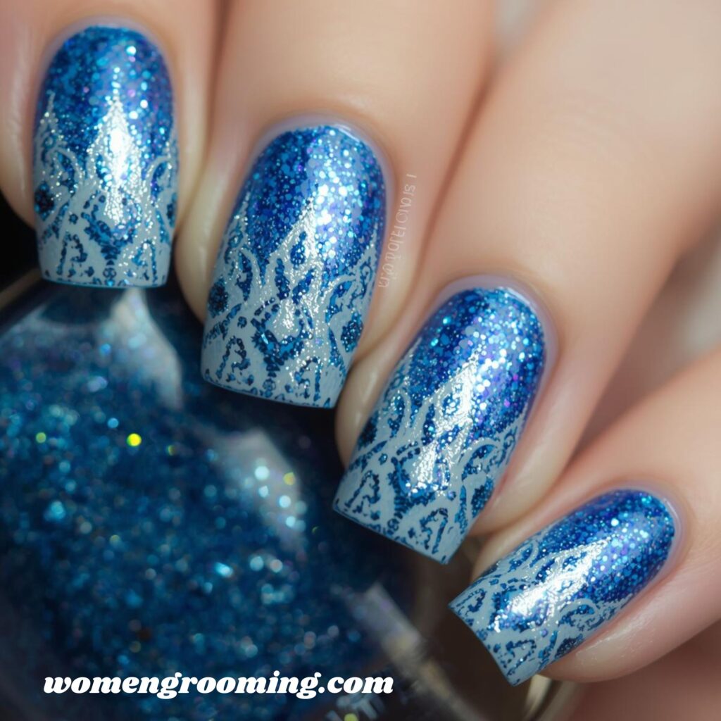 Frosted Glitter Blue Nails