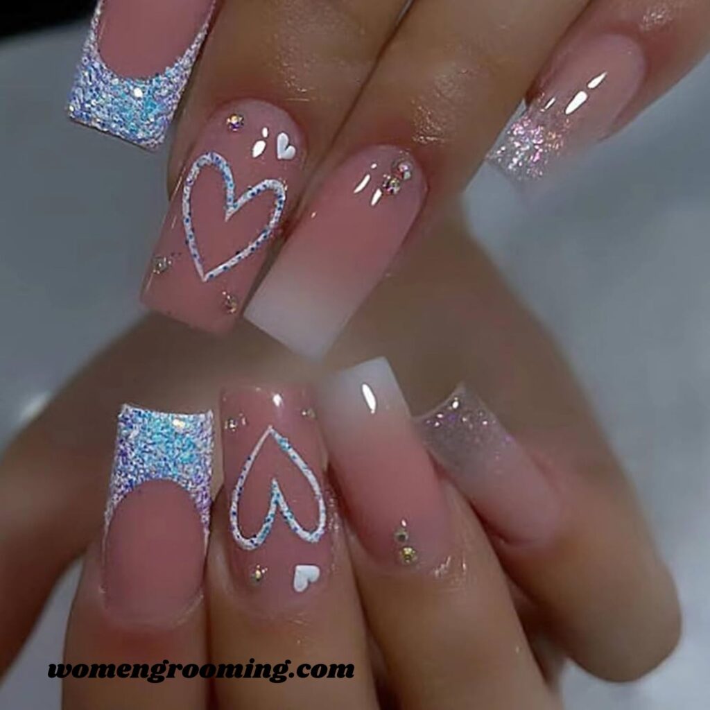 Glitter Heart Accent Nails