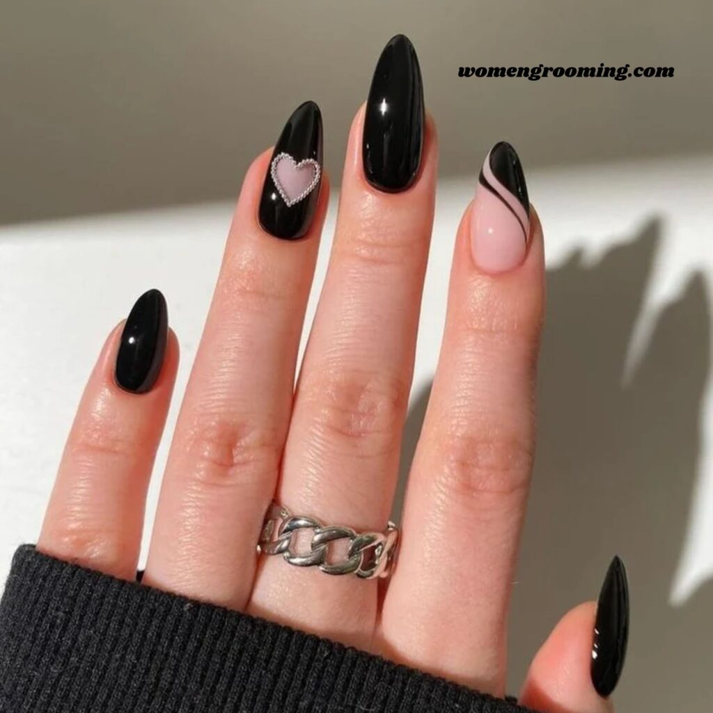 Glossy Black Heart Accent Nails