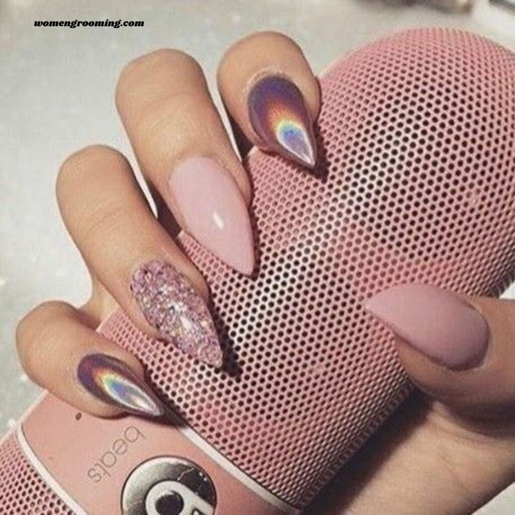 Holographic Pink Almond Nails