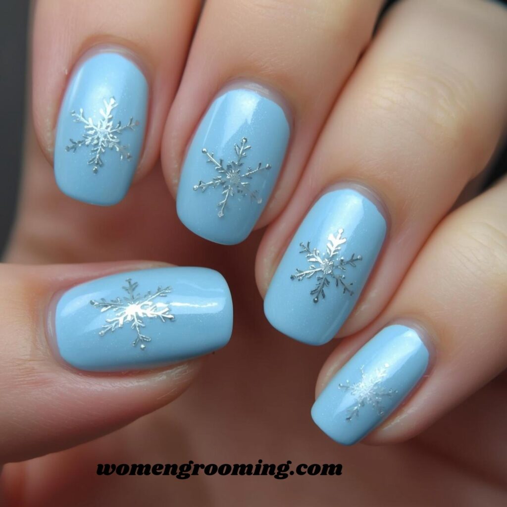 Light Blue Nails with Minimal Snowflakes