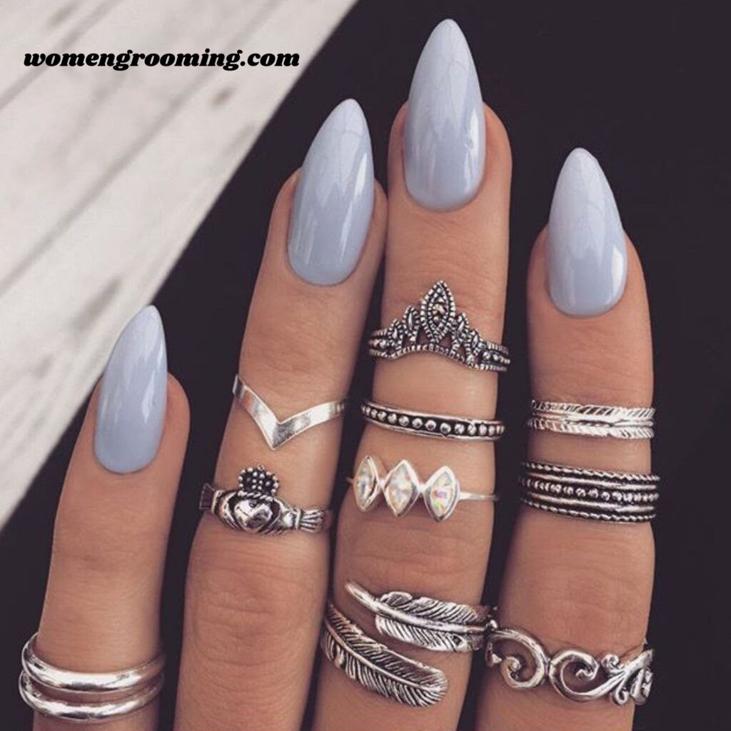Long Almond Ice Blue Nails