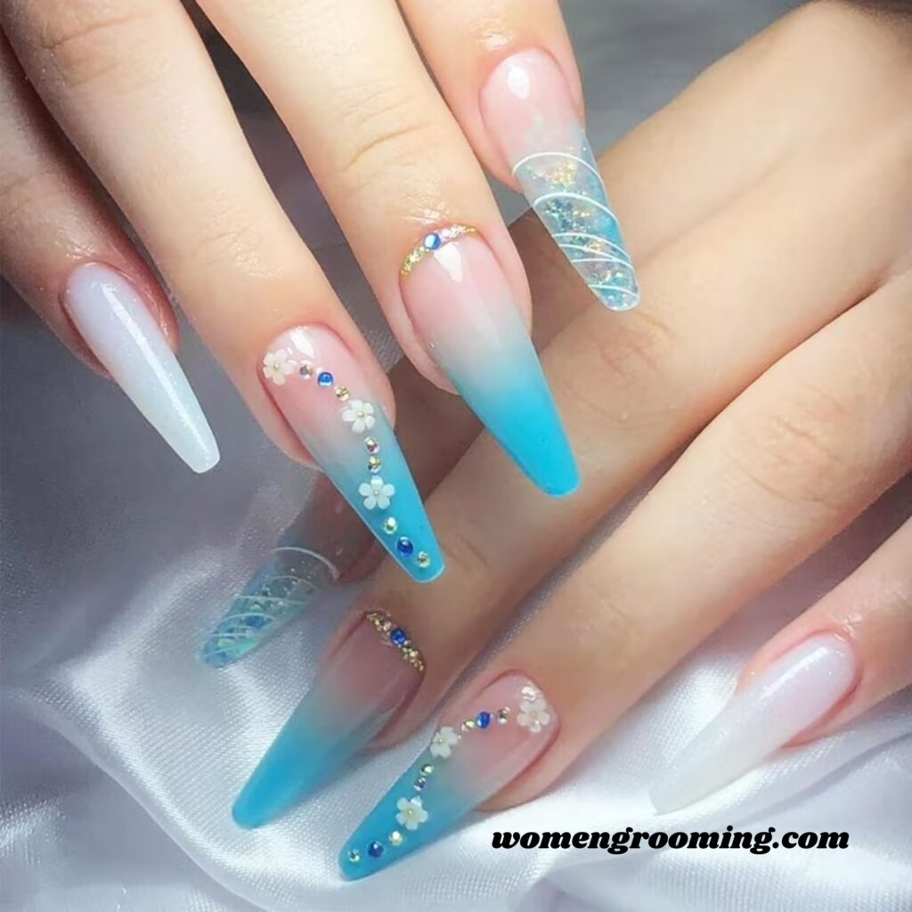 Long Blue Ombre Nails