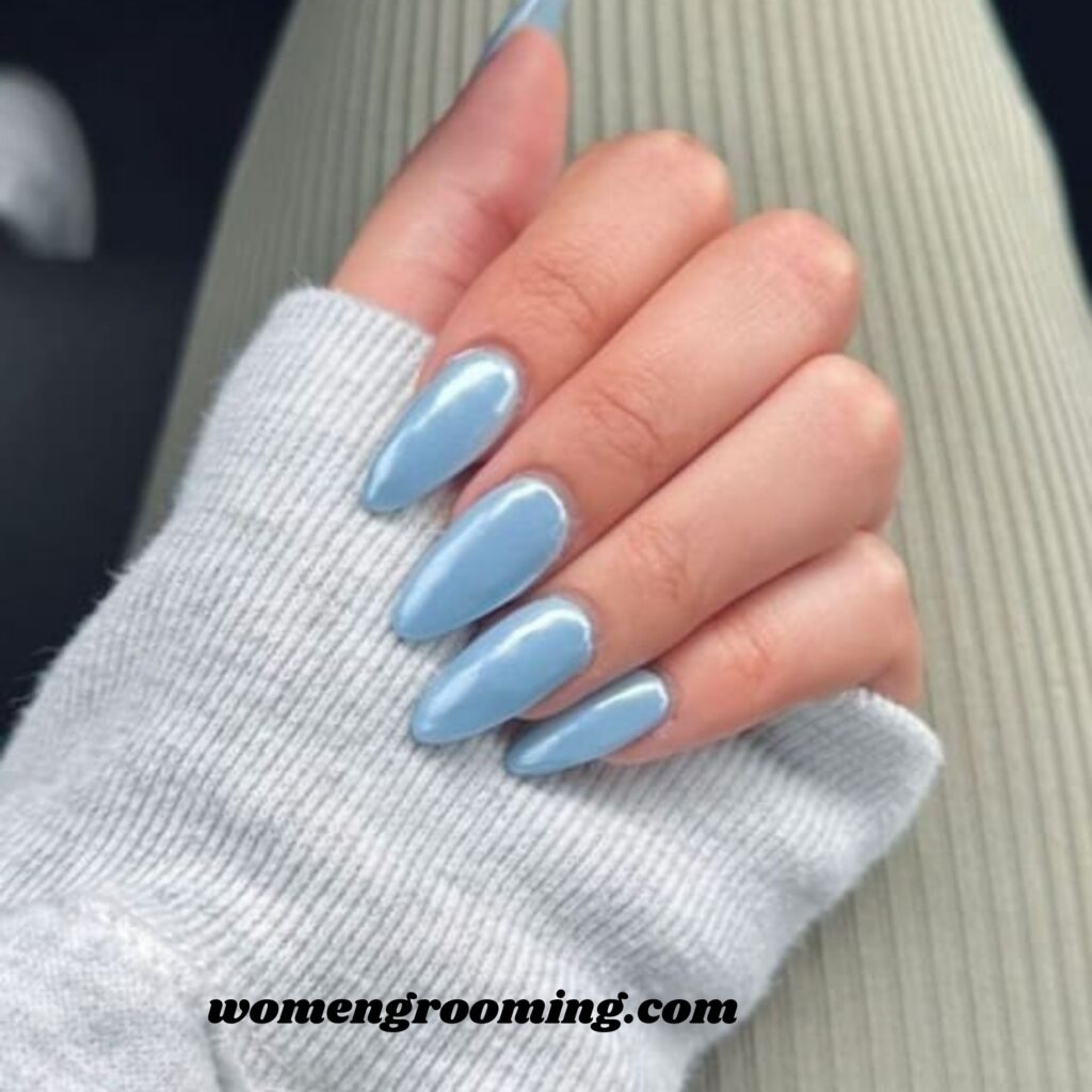Long Glossy Frost Blue Nails