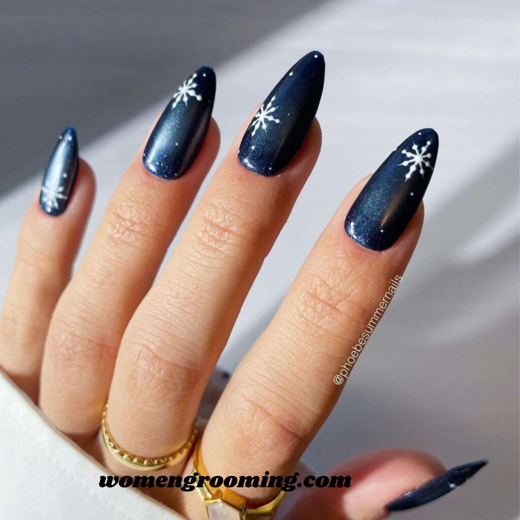 Midnight Blue Nails with Snowflakes