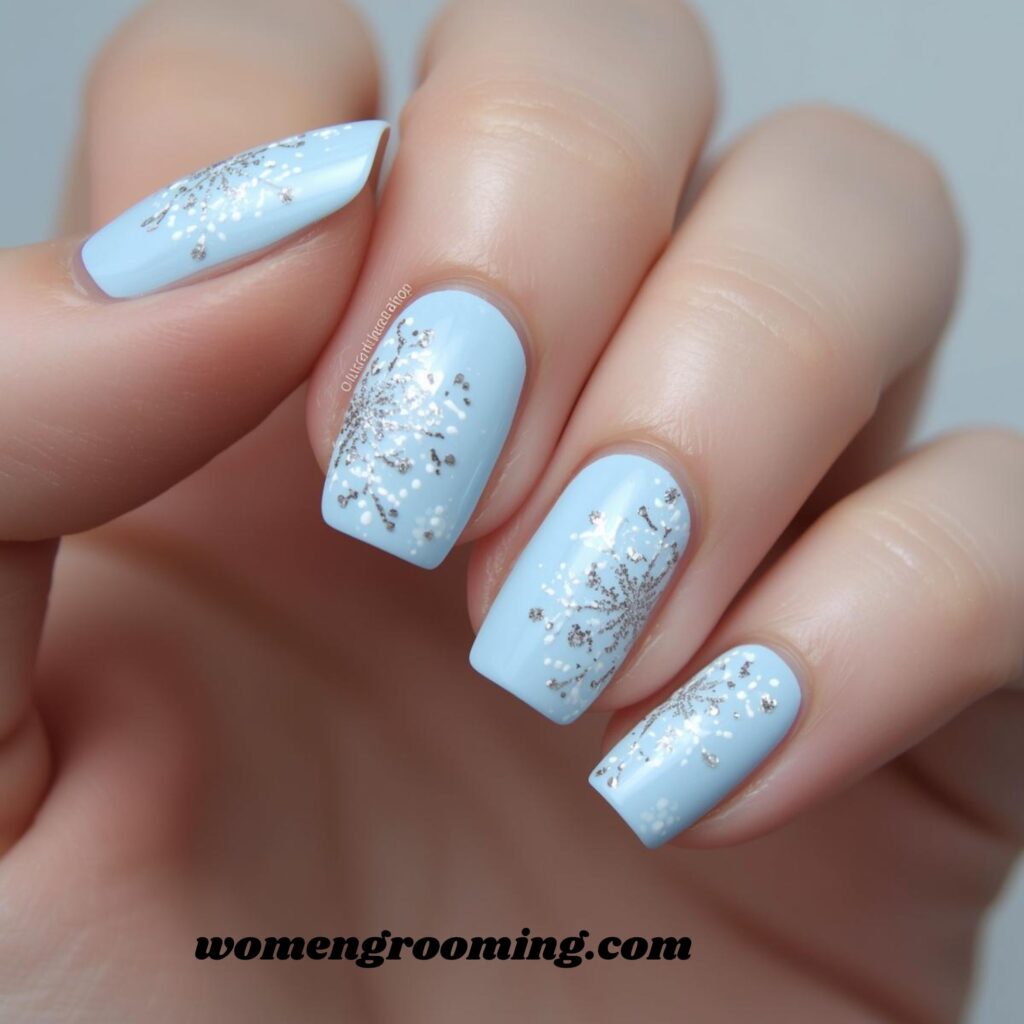 Milky Blue Snowflake Nails