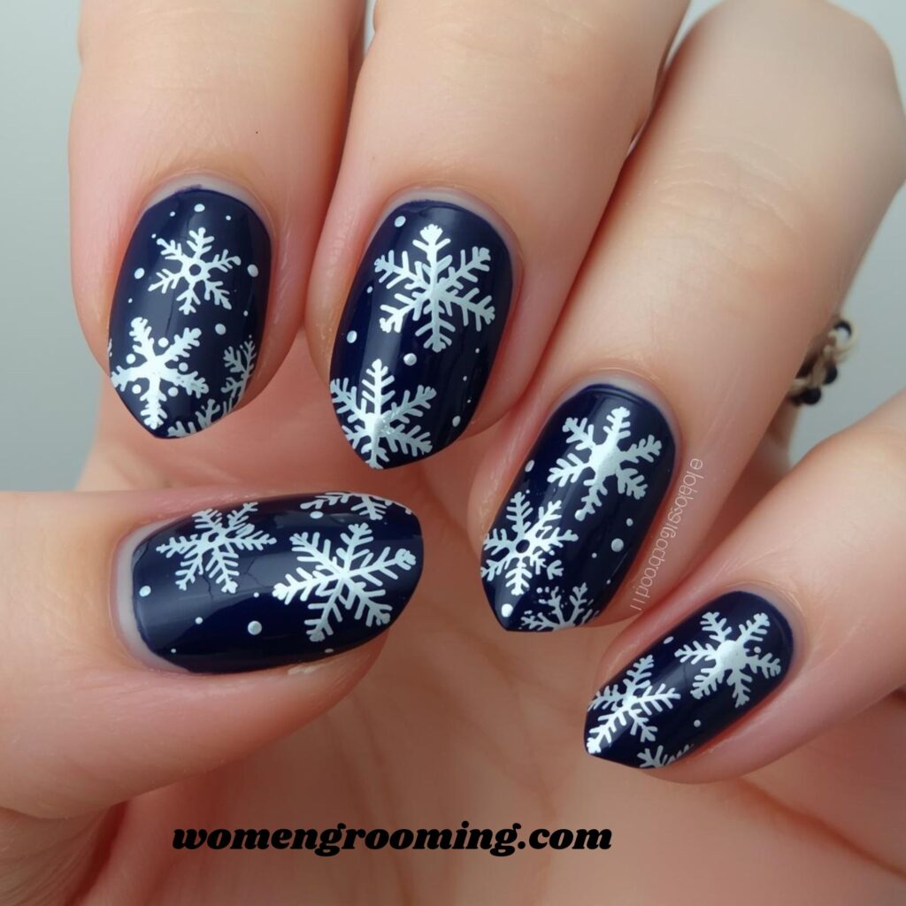 Navy Blue Snowflake Nails
