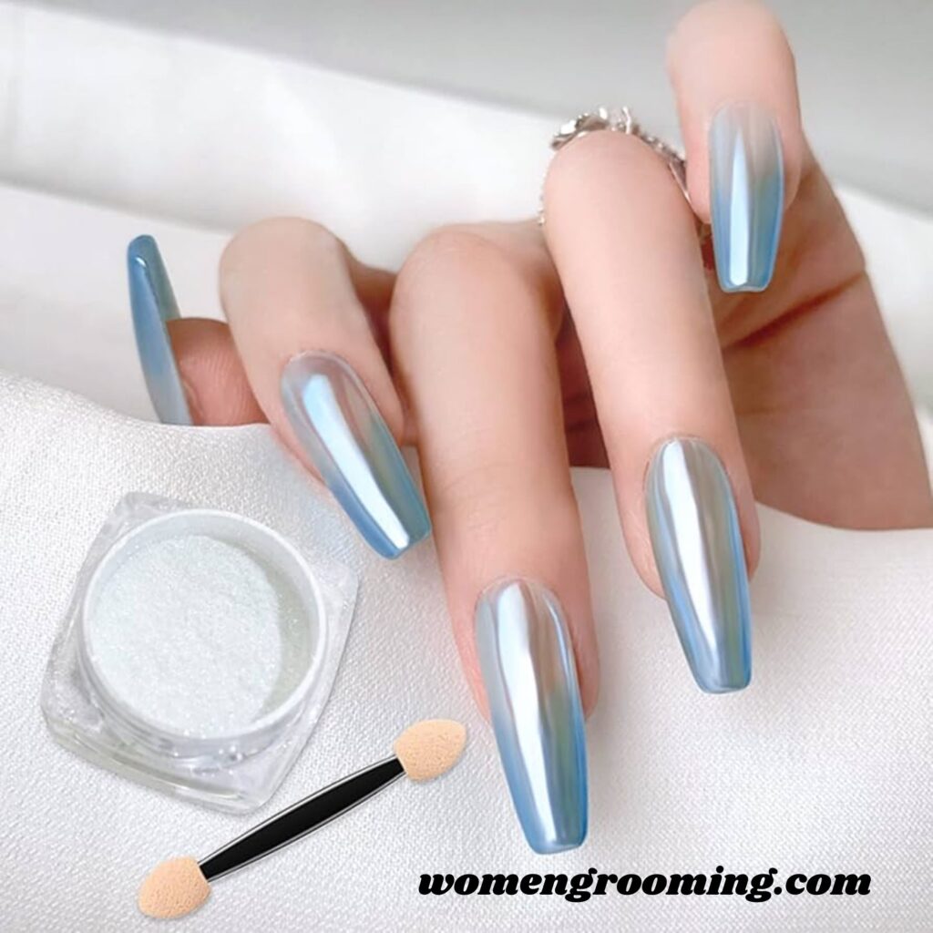 Pearl Chrome Ice Blue Nails