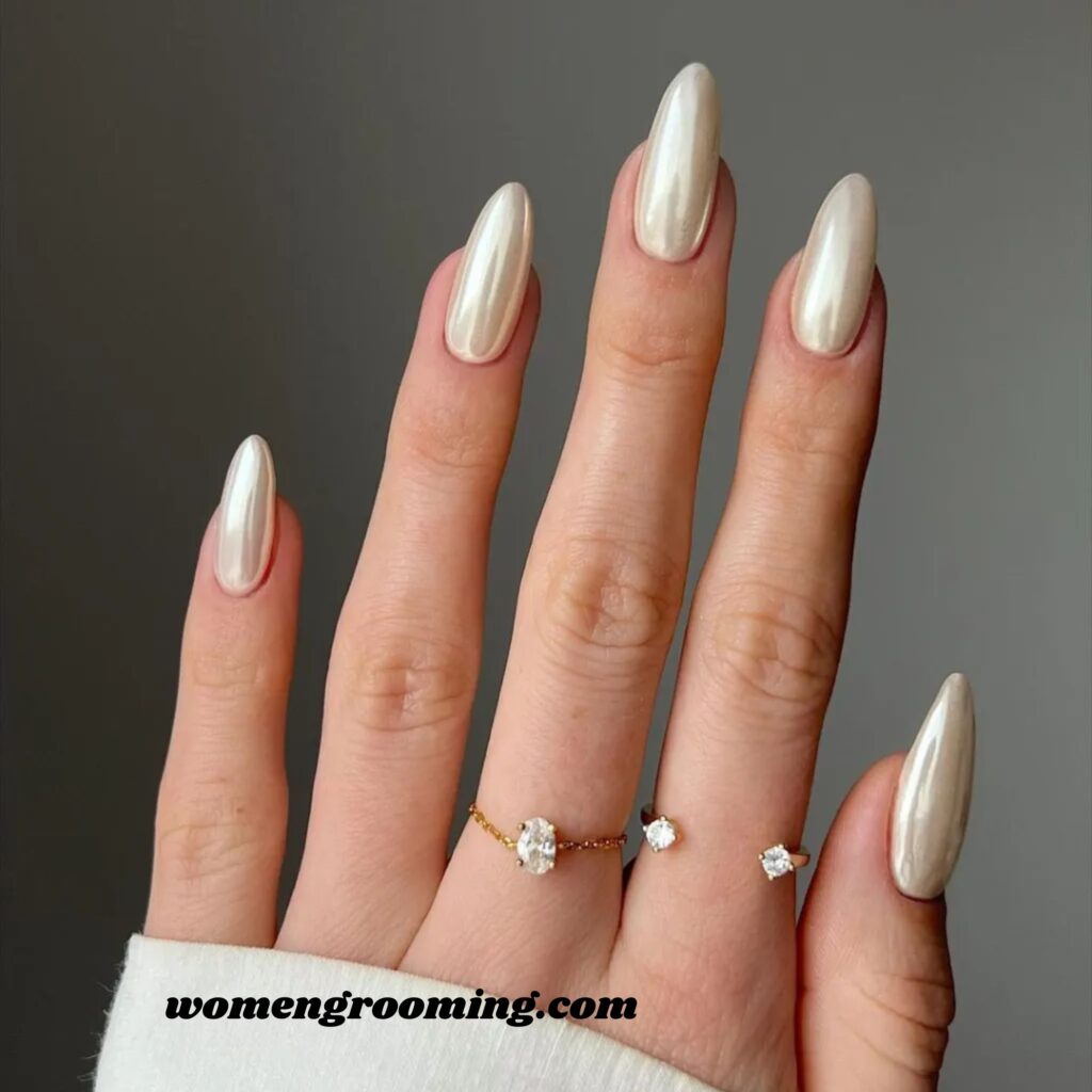 Pearl White Chrome Nails