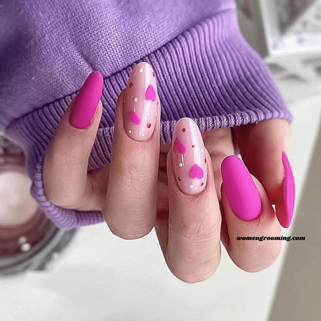 Pink Glitter Heart Almond Nails
