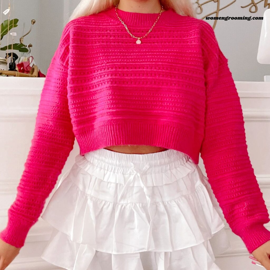 Pink Knit Sweater with White Skirt