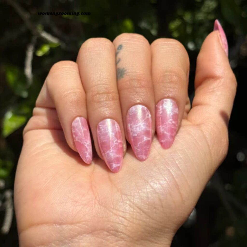 Pink Marble Almond Nails