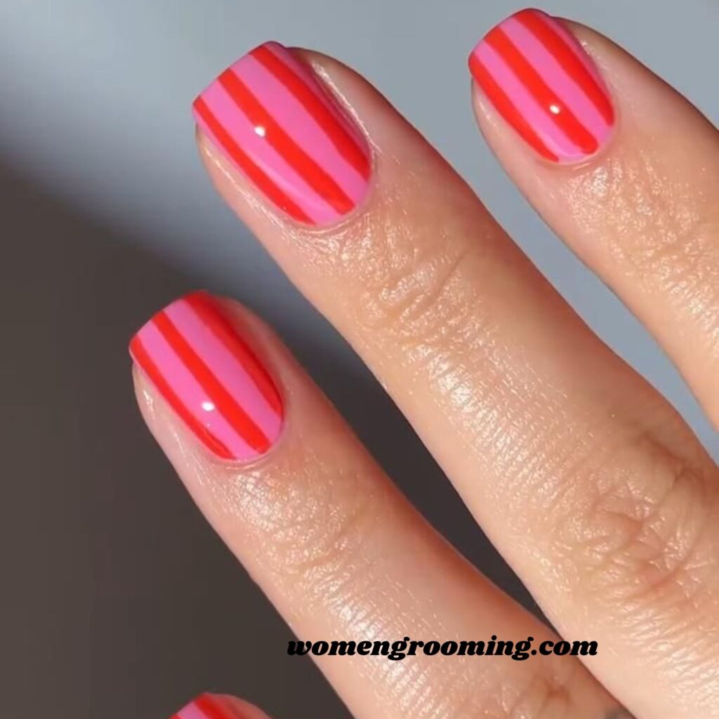 Pink & Red Stripes Nails