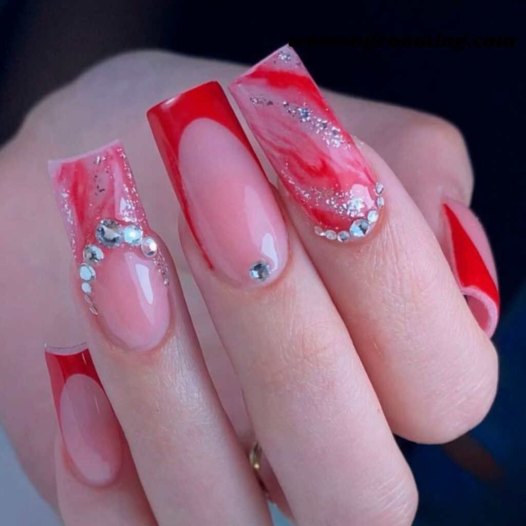 _Pink and Red Marble French Tips