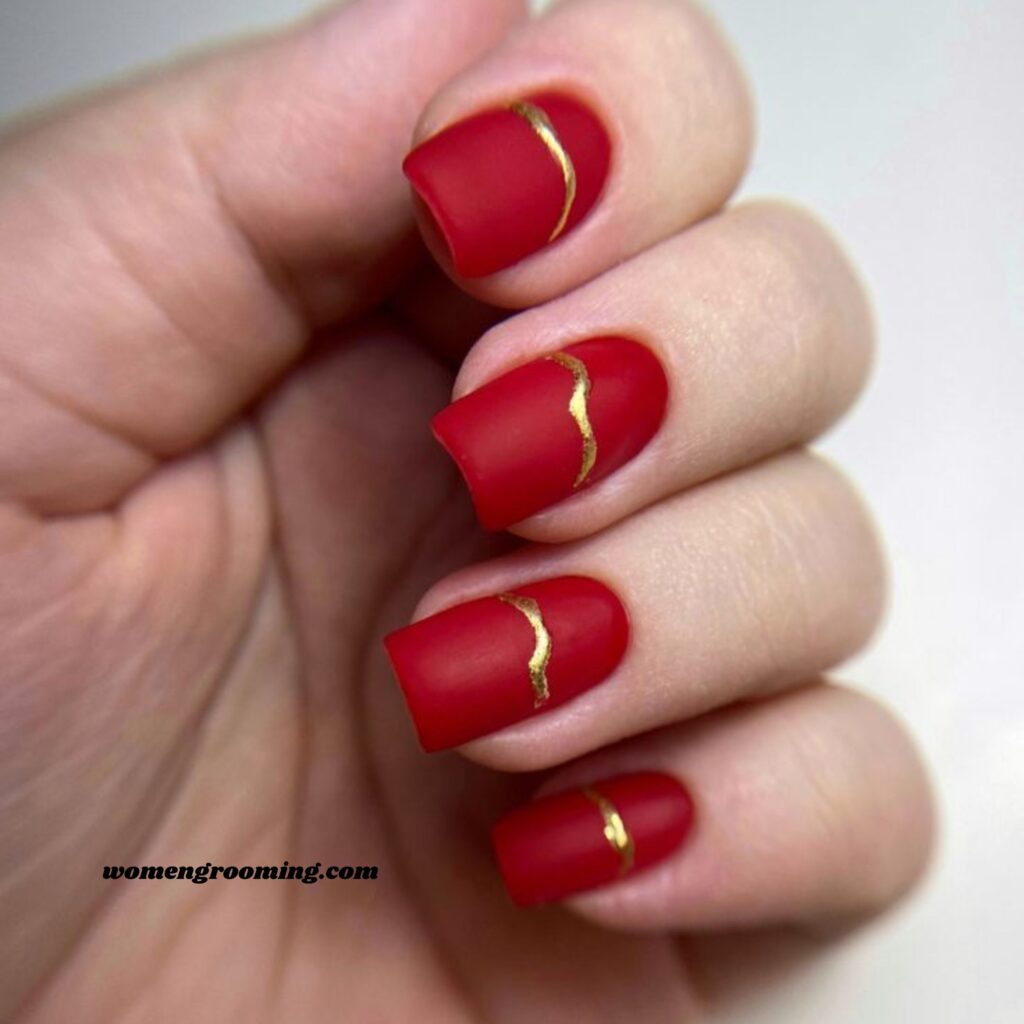 Red and Gold Line Art Nails