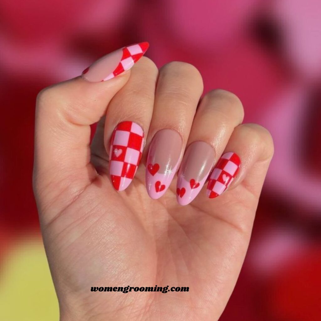 Red and Pink Checker Nails