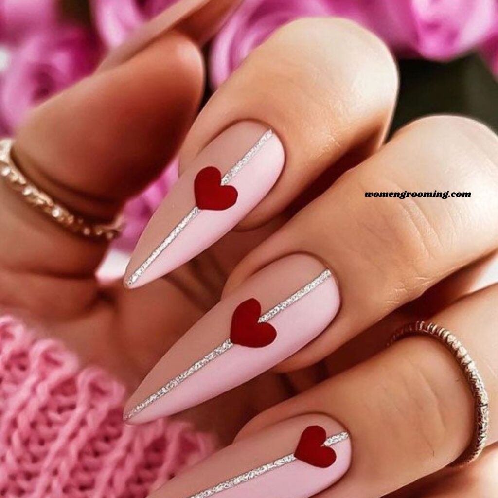 Red and Pink Heart Almond Nails