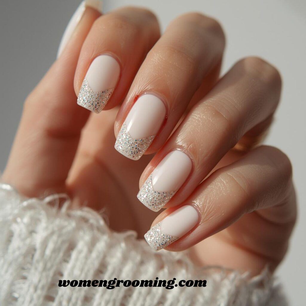 Short Milky Nails with Sparkle Tips