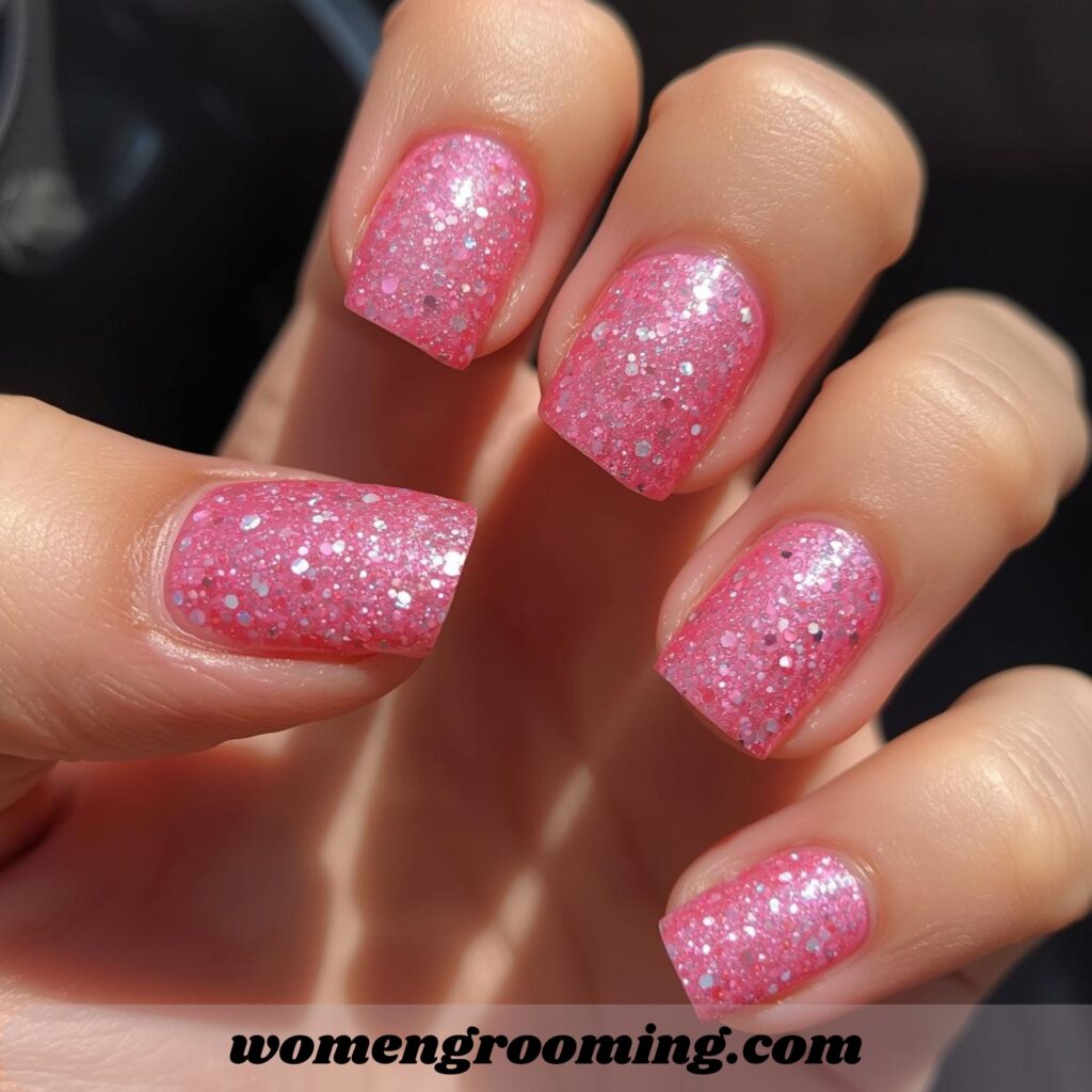 Short Pink Glitter Nails