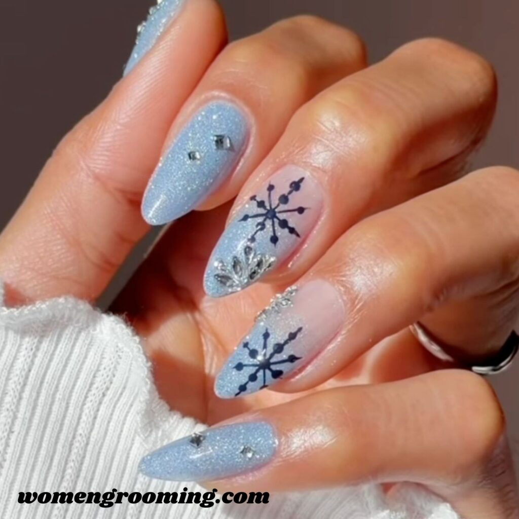Snowflake Nail Art on Blue Base 