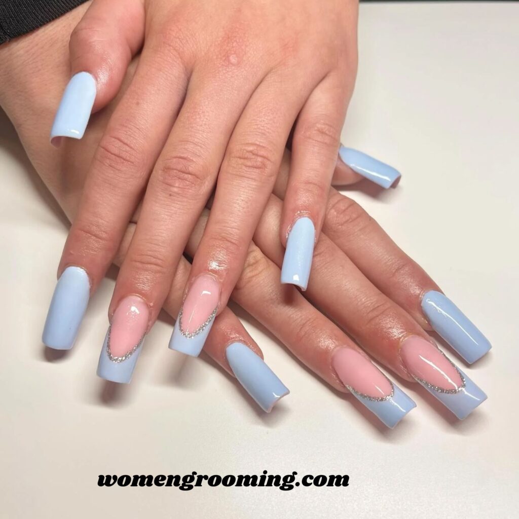 Square White Nails with Blue Edge