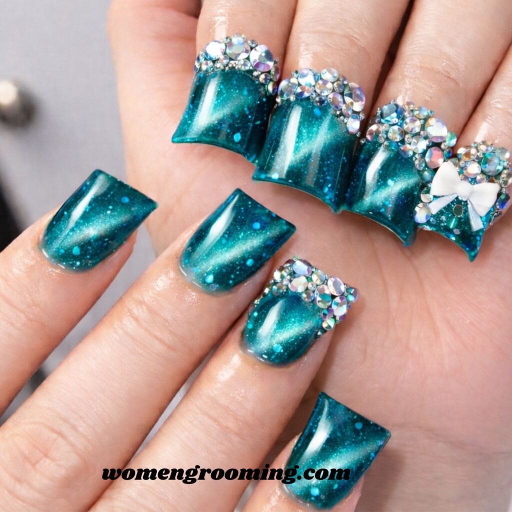 Teal Cat Eye Duck Nails