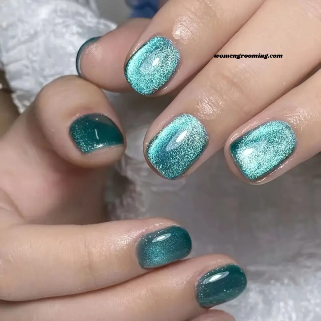 Teal Cat Eye Nails