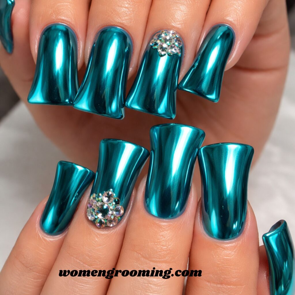 Teal Chrome Duck Nails