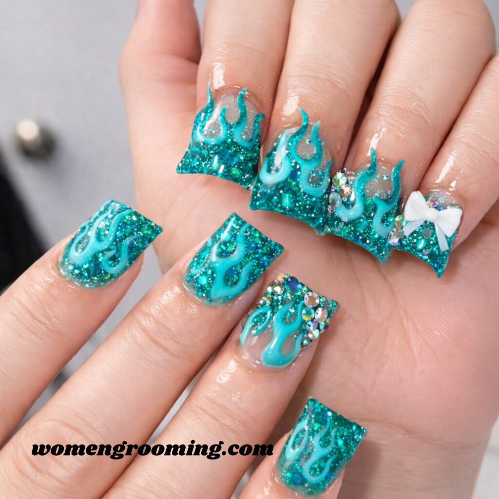 Teal Flame Duck Nails