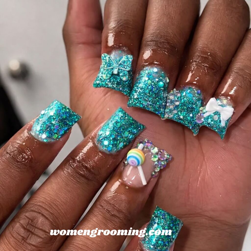 Teal Glitter Duck Nails