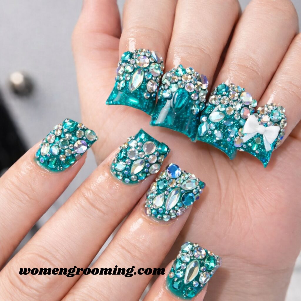 Teal Rhinestone Duck Nails