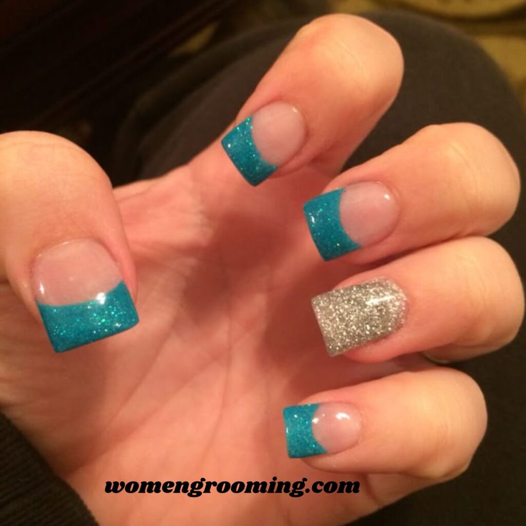 Teal & Silver Accent Duck Nails