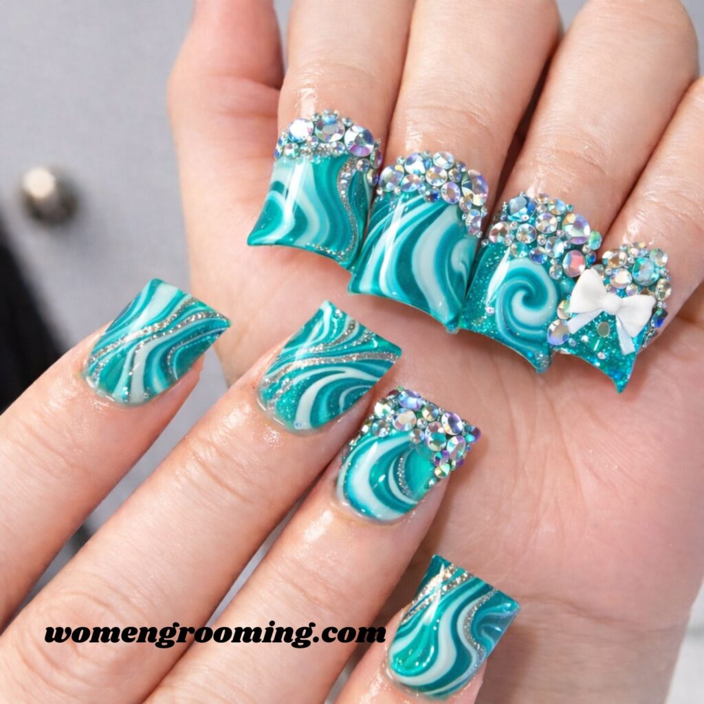 Teal Swirl Duck Nails